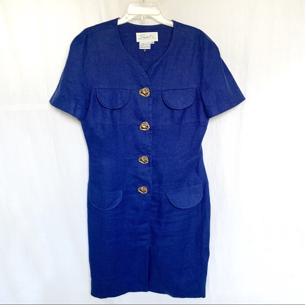 Santa Fe // Vintage Linen Blue Button Down front Shift Dress Sz 14 mar1